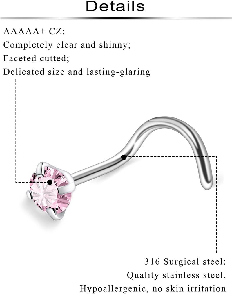 Ftovosyo Hypoallergenic Nose Rings Studs 18G & 20G Surgical Steel Nose Studs L Shaped Nostril Piercing Jewelry with Pink Cubic Zirconia for Women & Men - Image 3